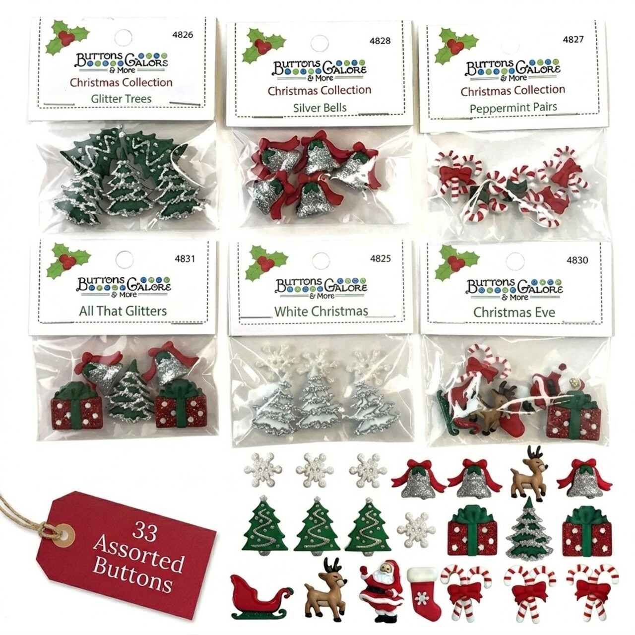 Christmas Buttons for Crafts – 33 Piece Holiday Assortment (6 Pack Set), 3D Novelty Buttons for Sewing, Scrapbooking, Card Making & DIY Christmas Decor, Trees Bells Candy Cane Santa Mix